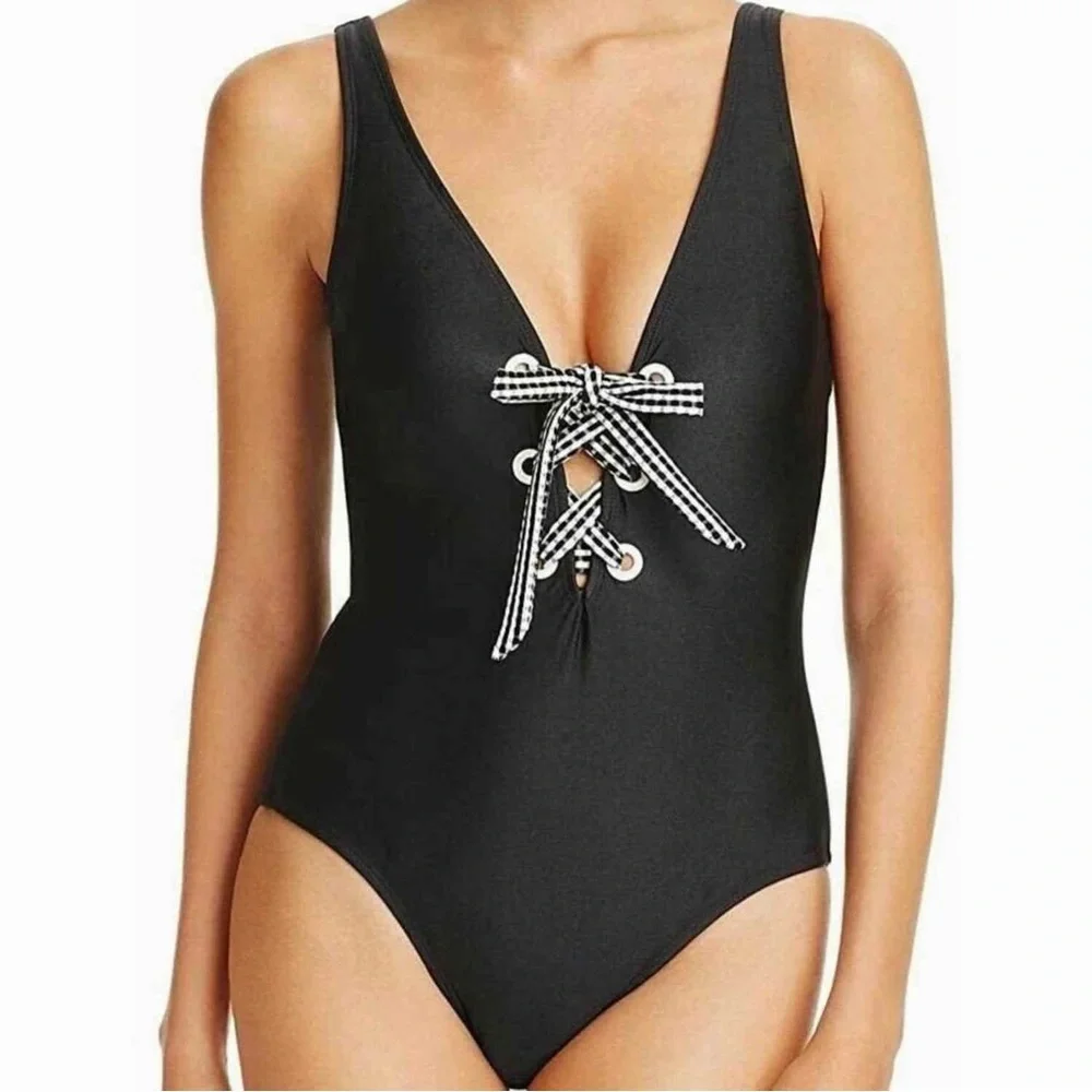 NWT Shoshanna Black One-Piece Checkered Gingham Lace-Up Bust Swimsuit Size 6